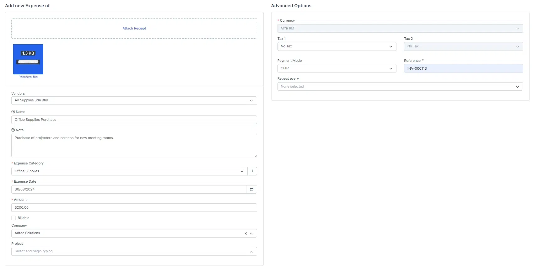 BIZCORE Expense Recording and Management