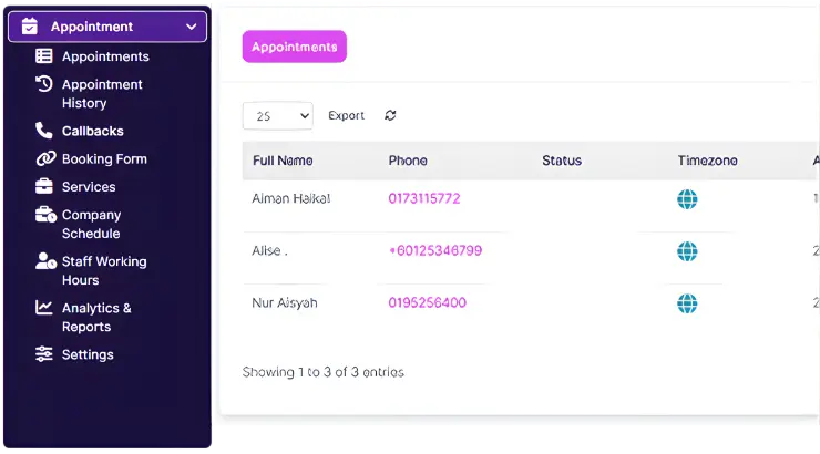 BizCore ERP Appointment Module — appointments summary dashboard showing 14 total appointments with status breakdown including finished, missed, and cancelled meetings