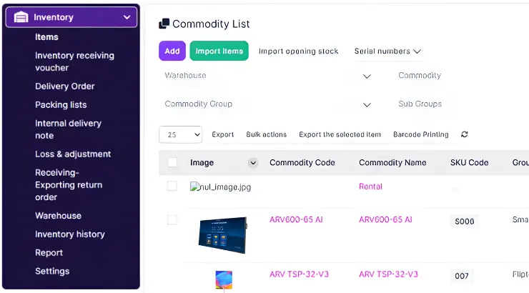 BizCore ERP Inventory Module commodity list — showing ARV600-65 AI Smartboard, ARV TSP-32-V3 Fliptouch in Arvia Warehouse with stock levels and SKU codes