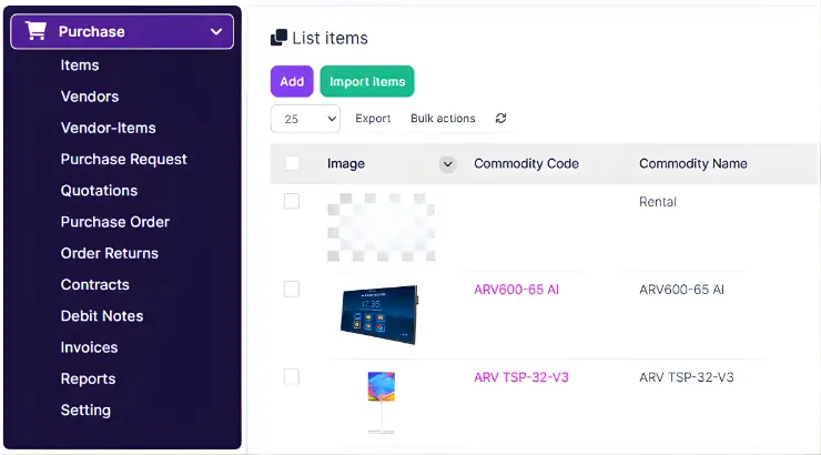 "BizCore ERP Purchase Module — commodity list with ARV600-65 AI Smartboard, ARV TSP-32-V3 Fliptouch, ARV1000B Video Conferencing products and pricing