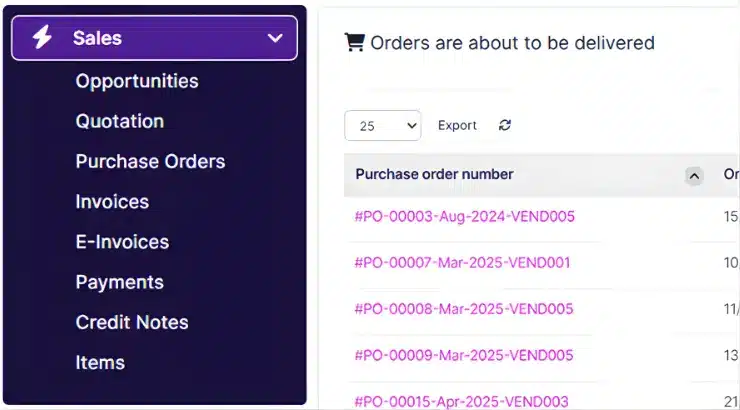 BizCore ERP Sales Module dashboard — showing invoice list with INV-0279, INV-0054, INV-0322 for Israk Solutions, Zenith Tech, and Sedap Bakery with paid and due statuses