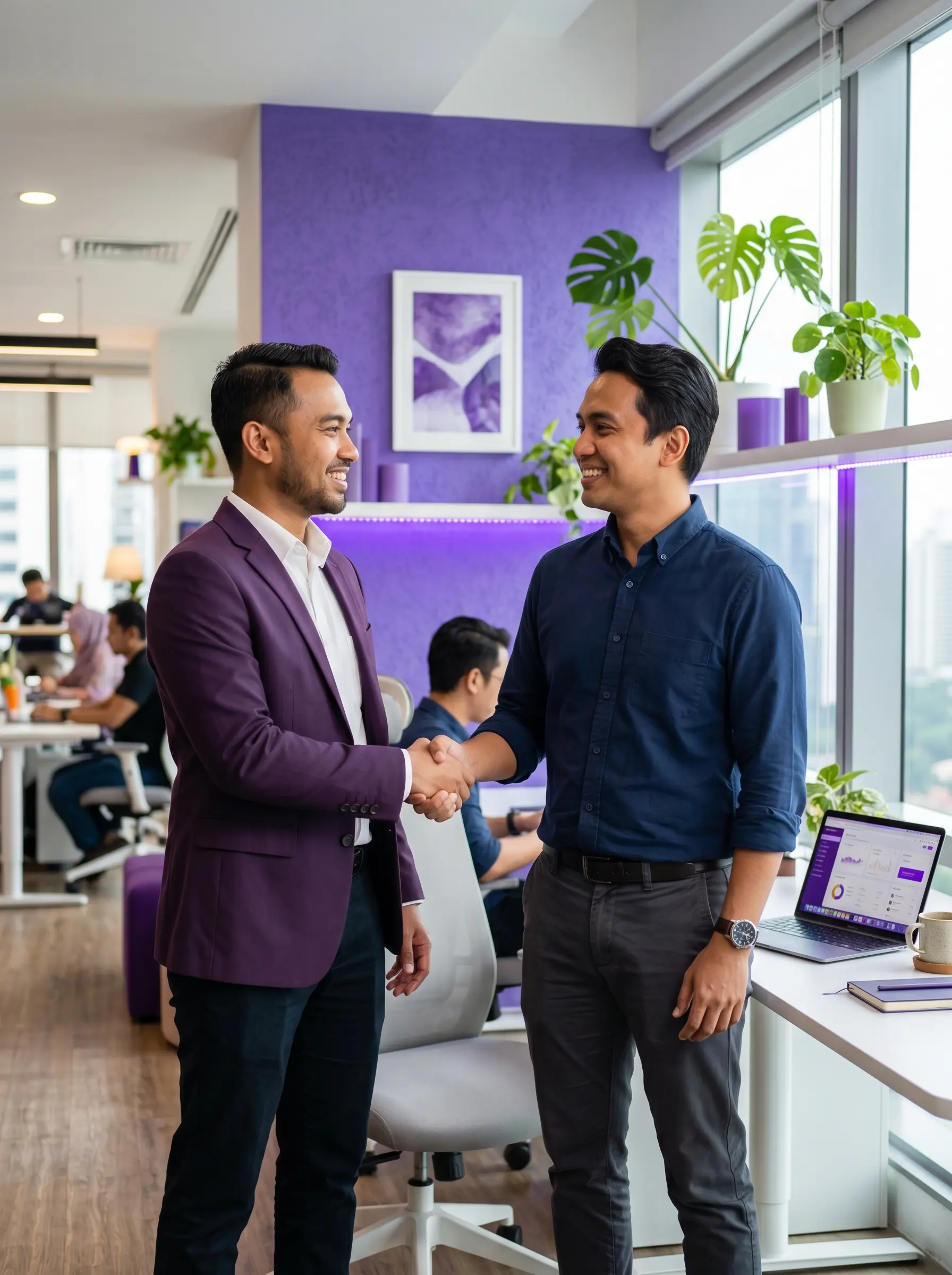 BizCore Partner Program — two Malaysian business professionals shaking hands in partnership agreement at Arvia Solutions office in Puchong Selangor for cloud ERP referral program