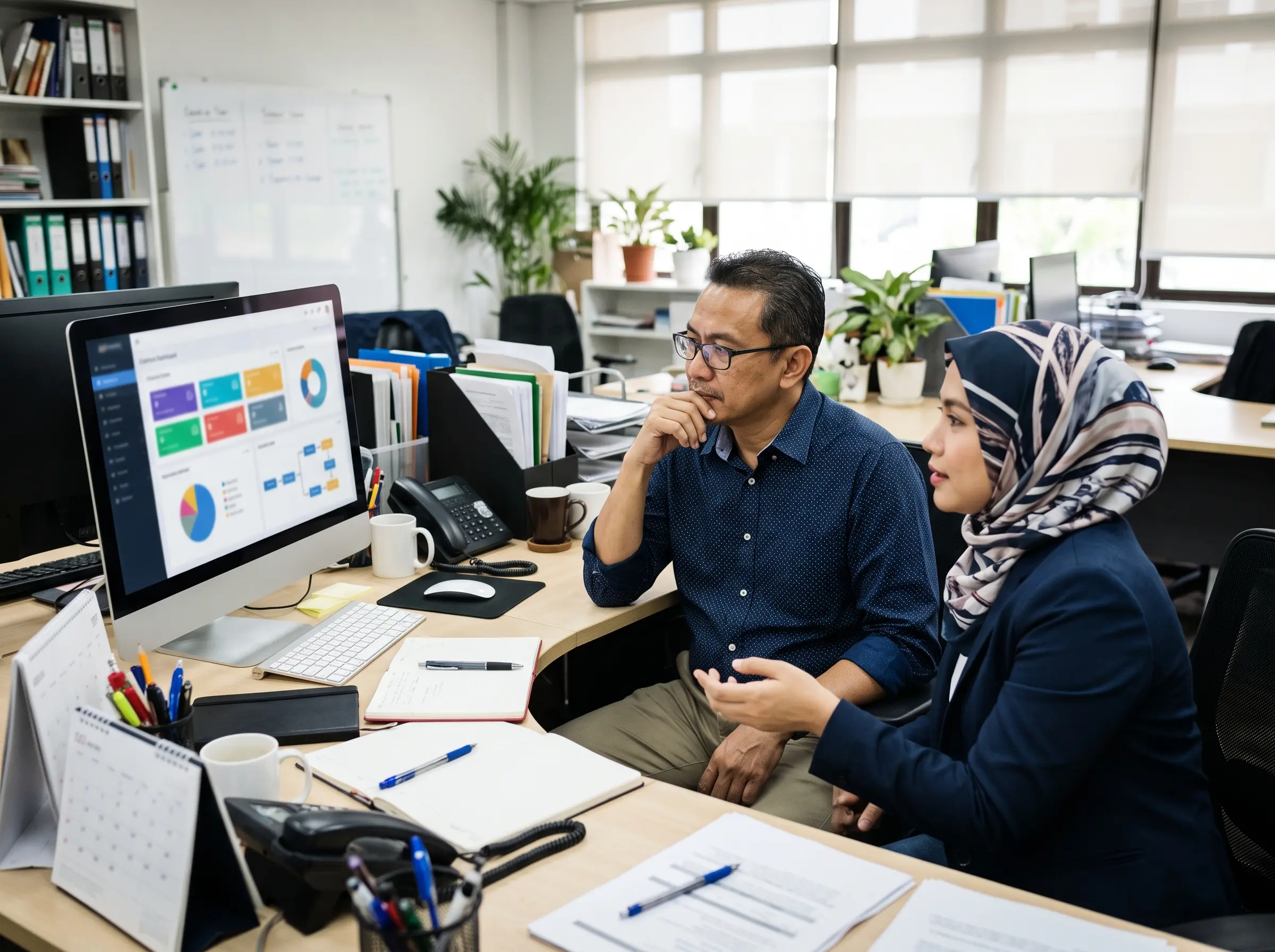 Malaysian SME business owner evaluating a BizCore cloud ERP dashboard