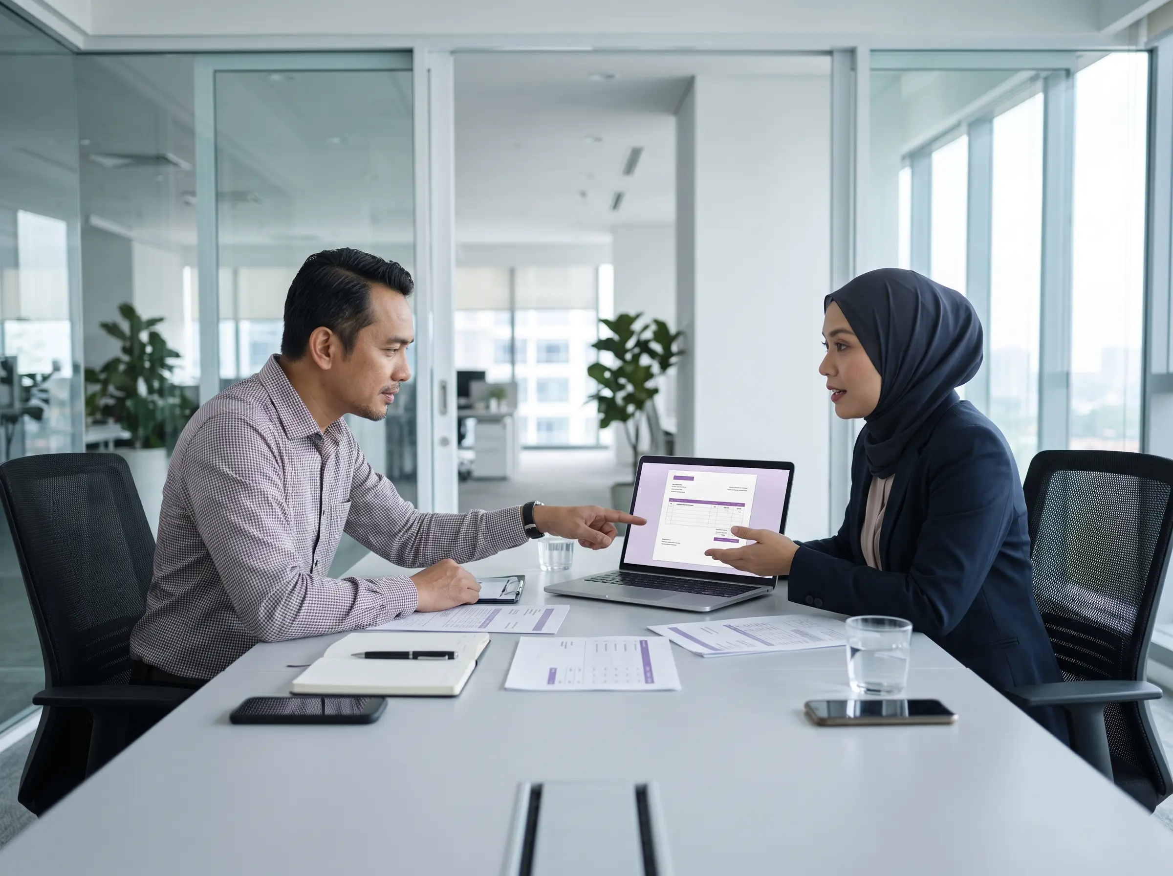 Malaysian corporate client reviewing and approving a sales quotation before invoice creation