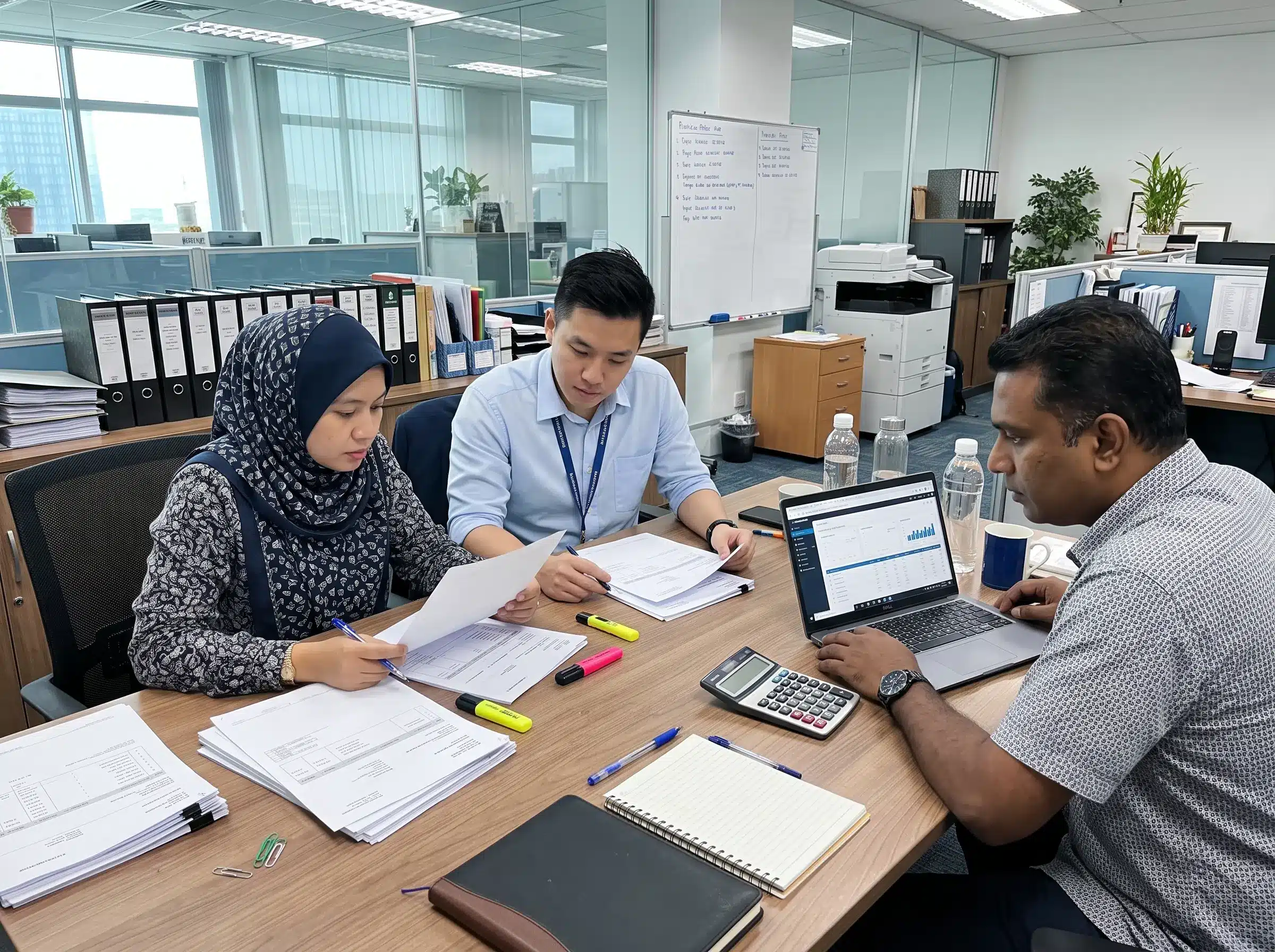 Malaysian finance team reviewing purchase orders and supplier invoices using 3-way matching