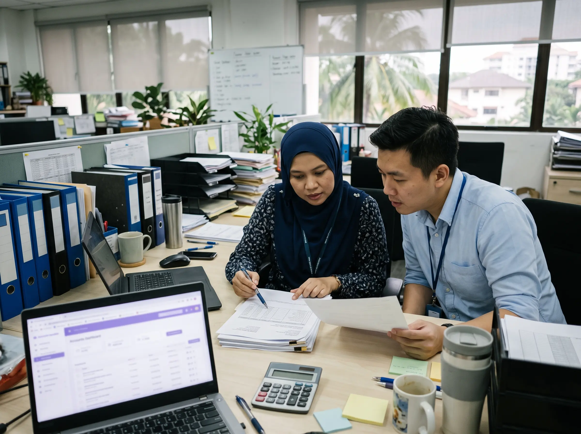 Purchase order management Malaysia finance staff reviewing supplier invoice payment and procurement records