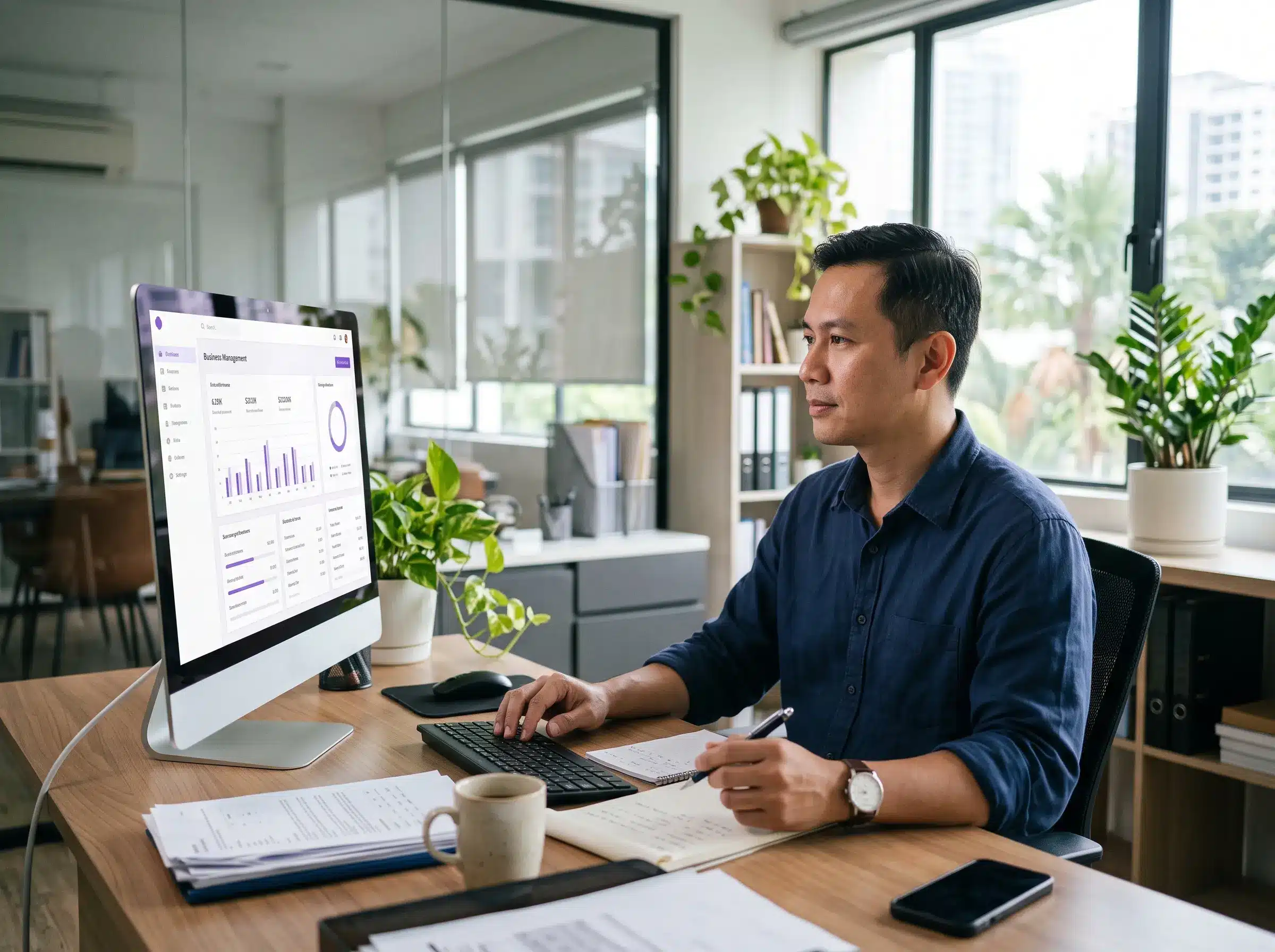 Malaysian SME business owner reviewing cloud ERP invoicing and accounting dashboard