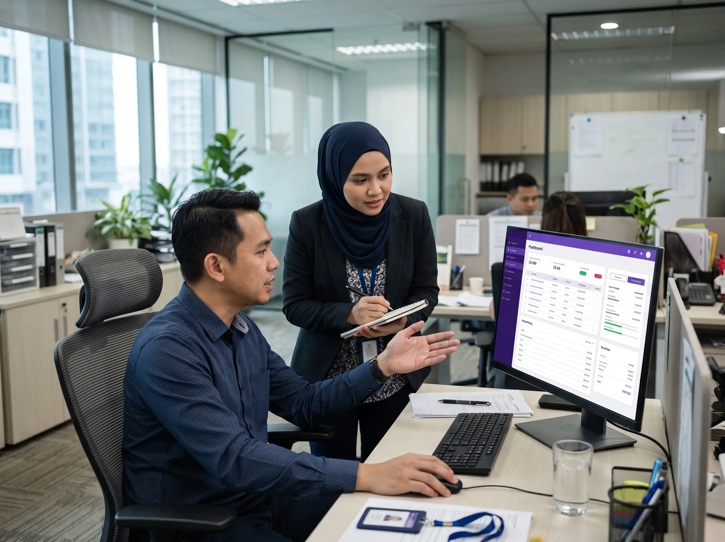 Malaysian SME finance and procurement employees reviewing purchase records using cloud ERP software