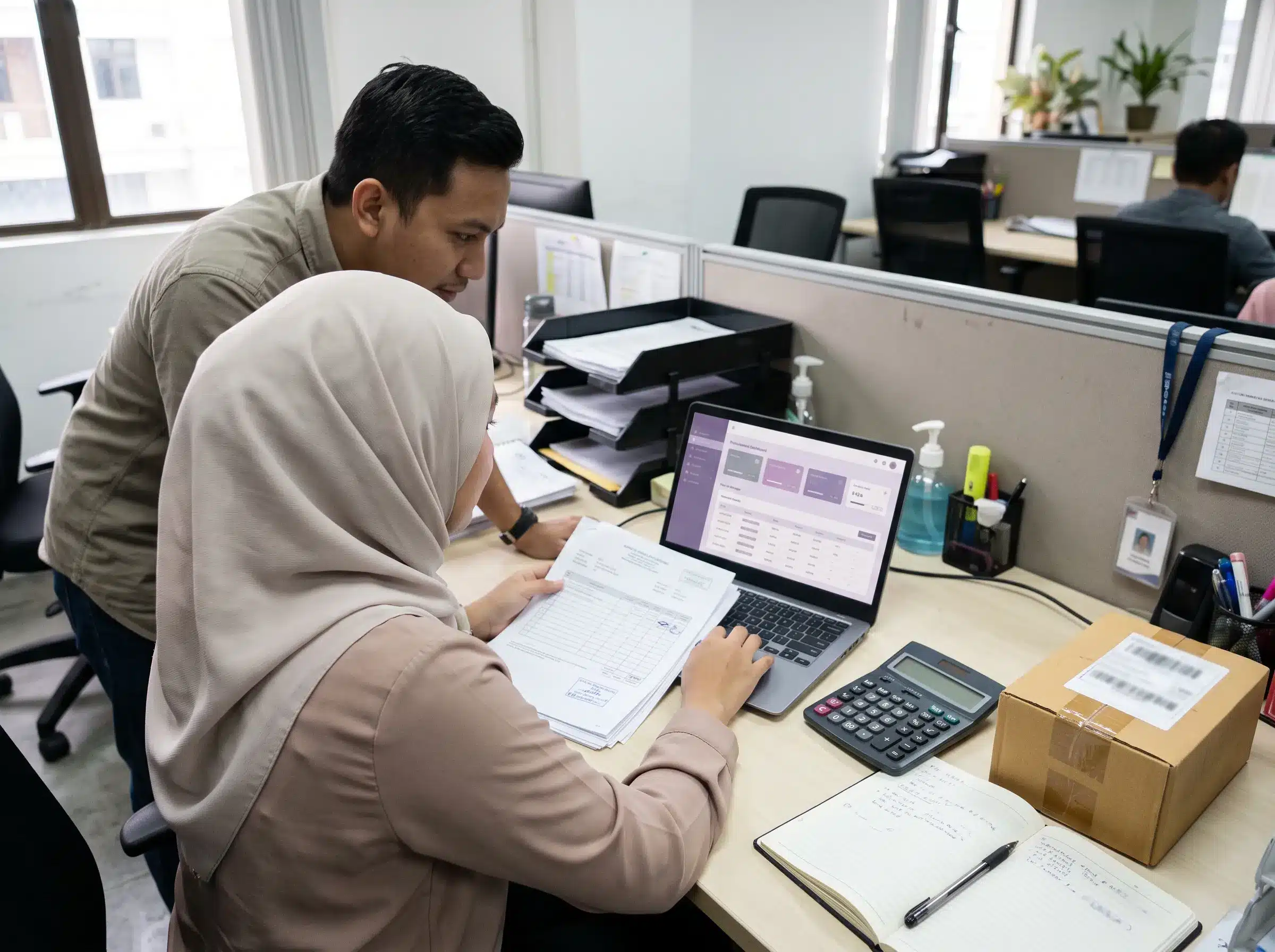 Purchase order management Malaysia with Malaysian SME procurement team reviewing supplier orders in a modern office