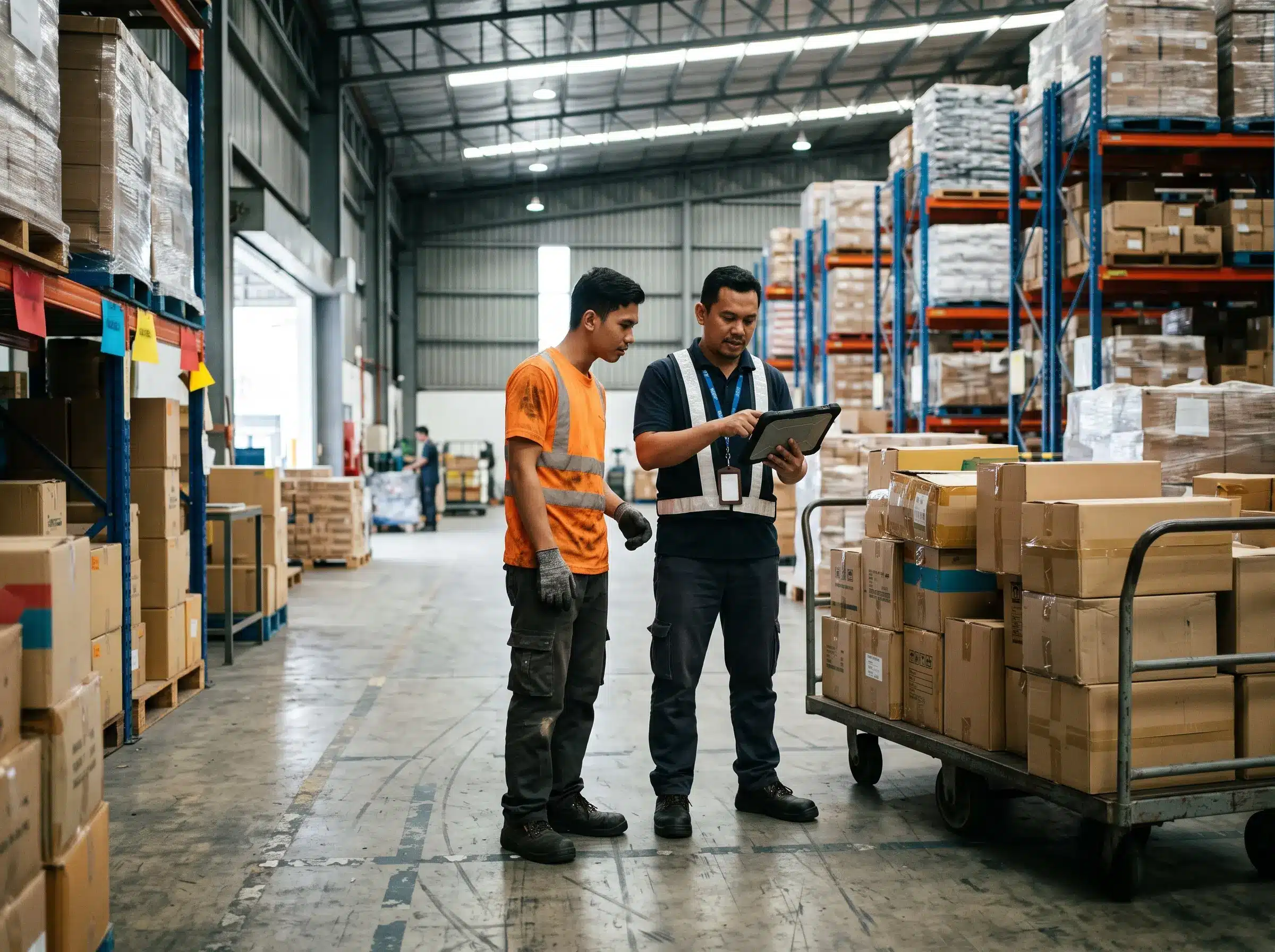 Malaysian SME warehouse team checking stock transfer records across different locations