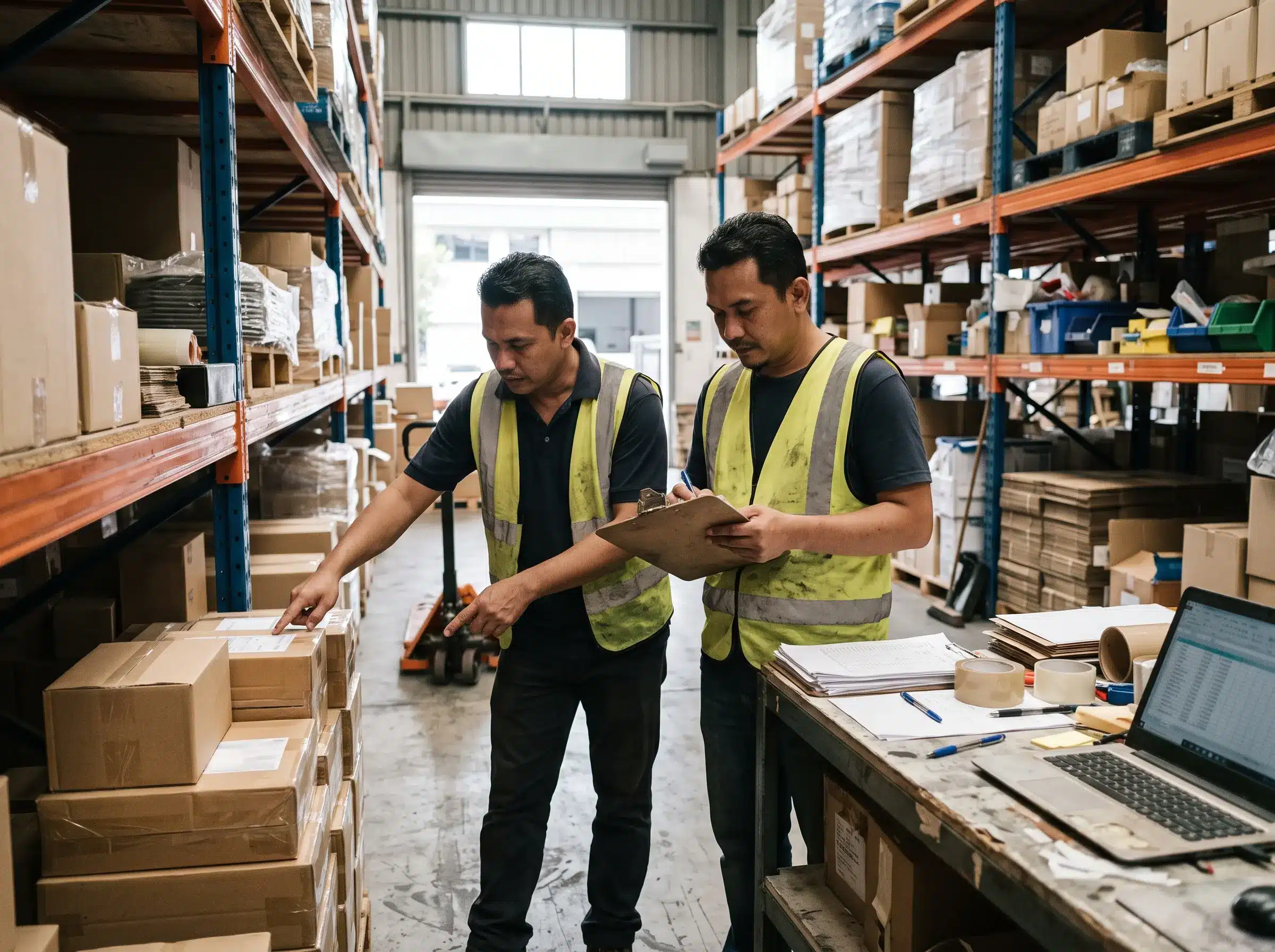 Stock management system for SMEs comparison showing a Malaysian warehouse team checking spreadsheet inventory