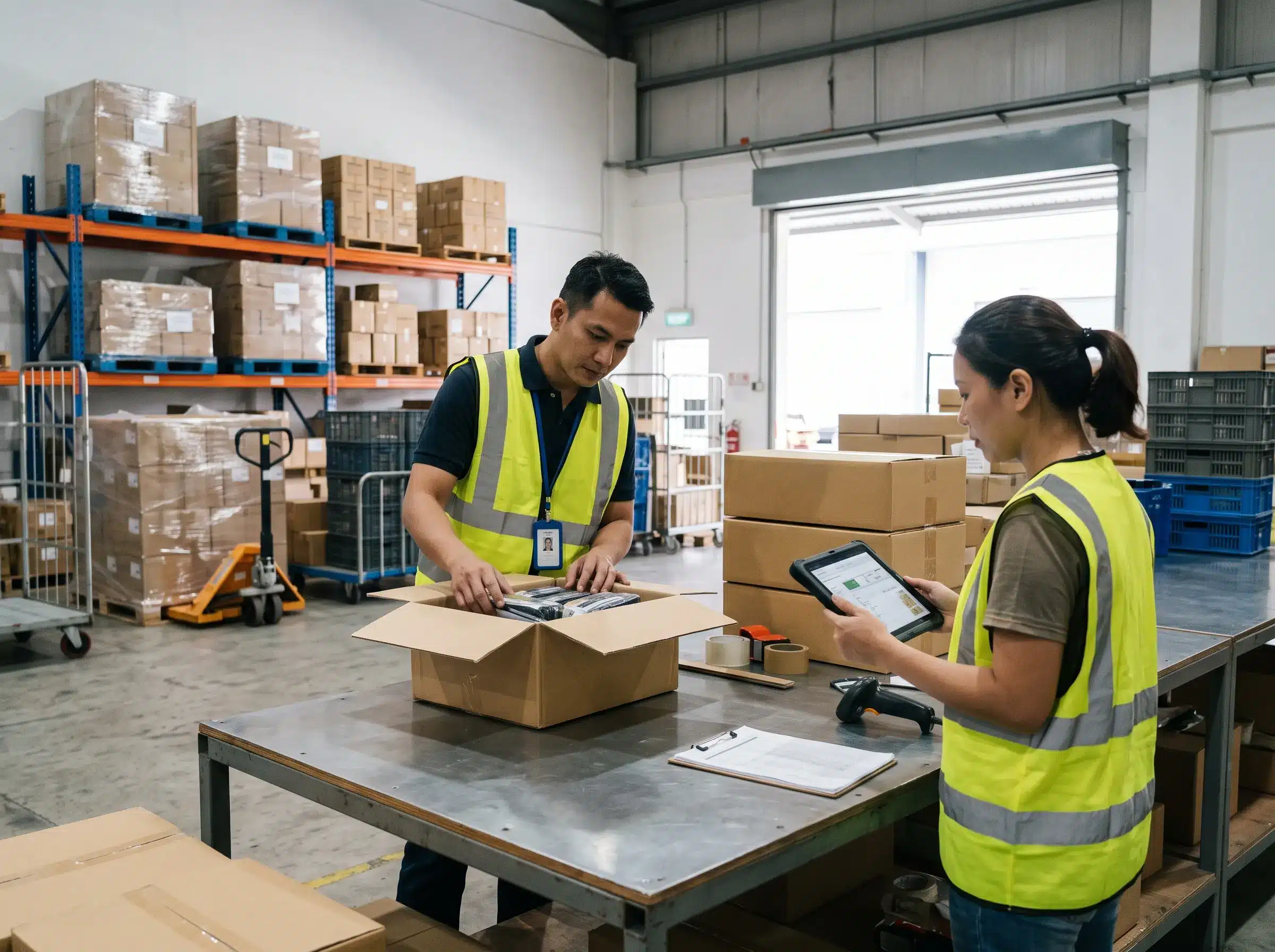 Malaysian warehouse employees verifying incoming stock quantities against a purchase order