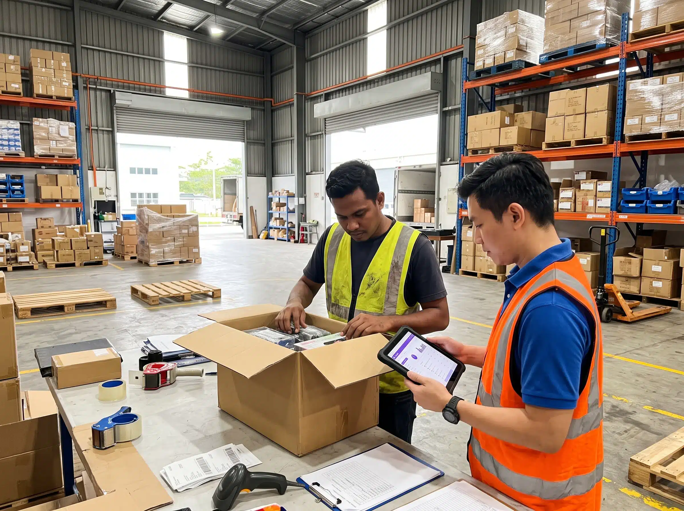 Malaysian warehouse team checking incoming cartons for purchase order goods receipt