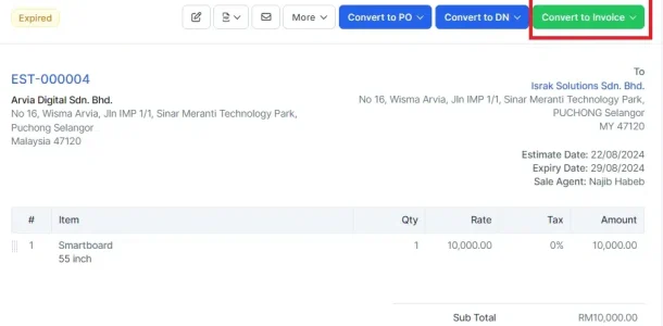 BIZCORE Convert to Invoices