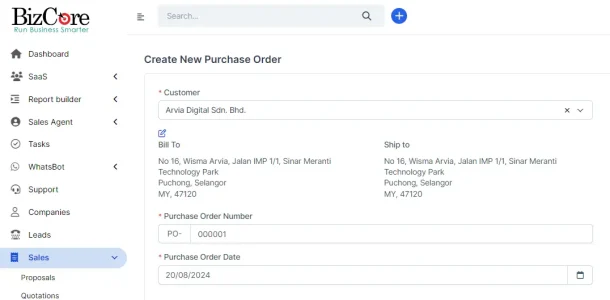 BIZCORE Create New Purchase Order