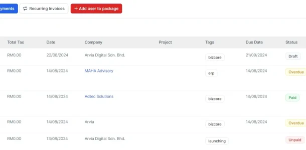 BIZCORE Invoices Status Tracking