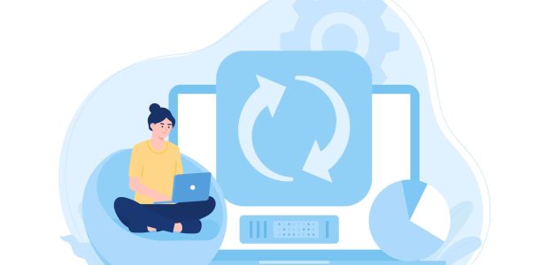 women backing up data to big data trending concept flat illustration